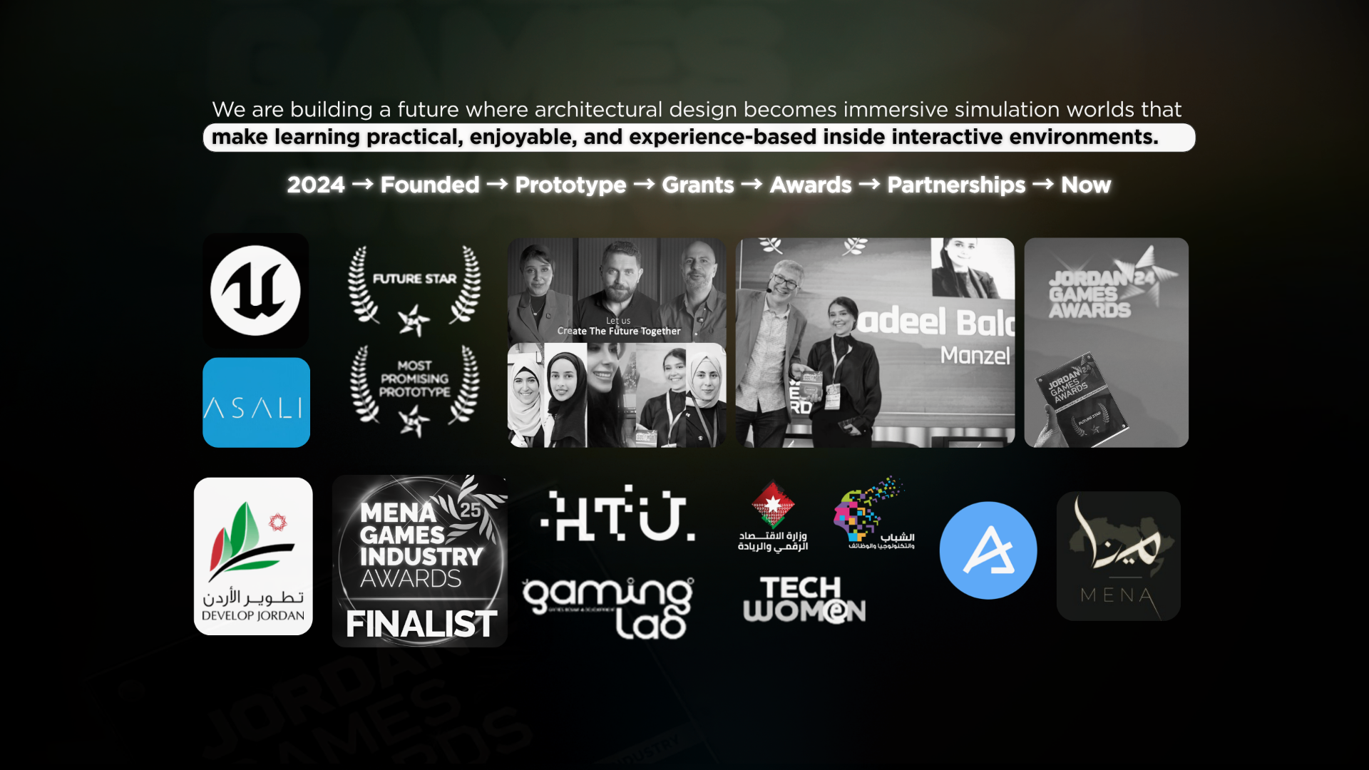 Manzel Technologies partners — Unreal Engine, ASALI, Future Star, Most Promising Prototype, Jordan Games Awards, MENA Games Industry Awards, HTU, Ministry of Digital Economy, Youth & Tech, Gaming Lab, Tech Women, MENA